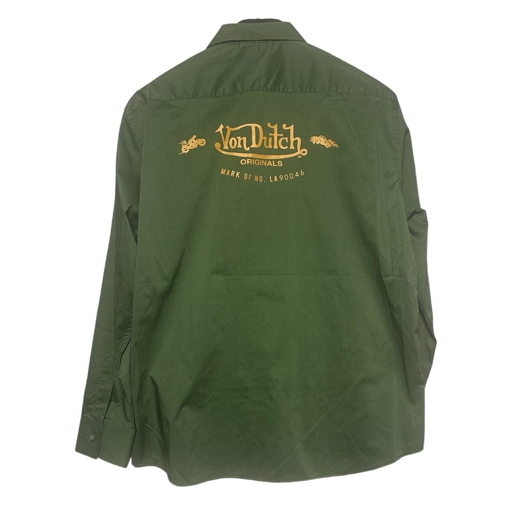 Von Dutch Originals Work Shirt Olive Green Men's Large Graphic Print Button Up